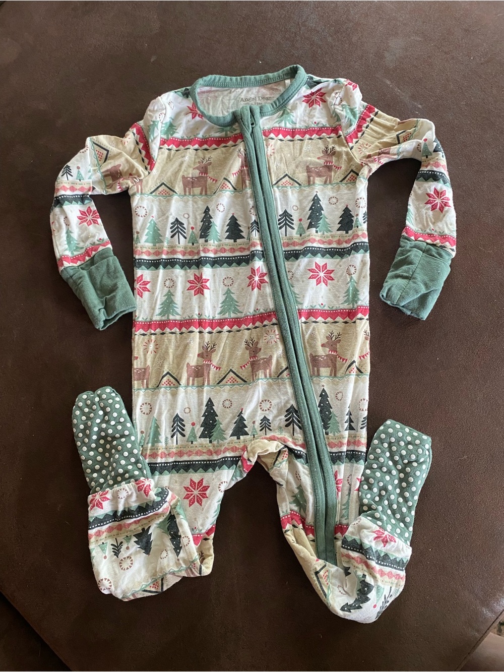 Angel Dear Reindeer Faire Isle Footed One-Piece in Sage Green and Red